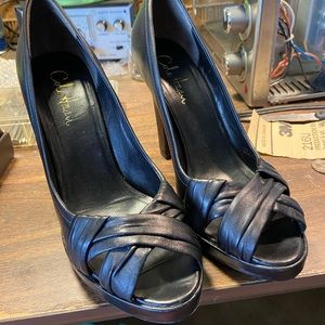 Cole Haan black leather peep toe heels